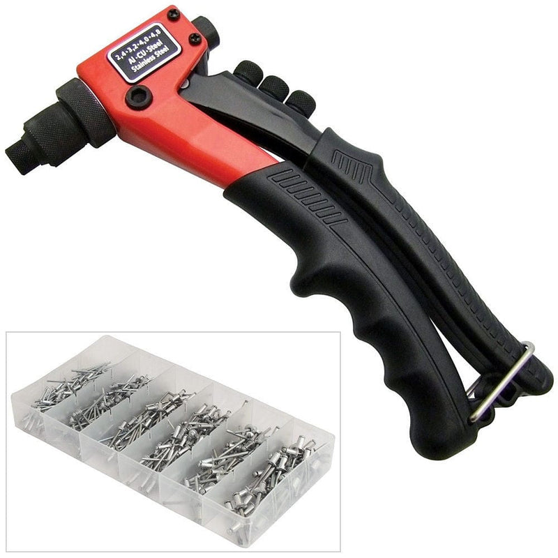 tooltime PRO TRADE HAND POP RIVETER RIVETING TOOL + 320 ASSORTED RIVETS + 4 NOZZLE HEADS