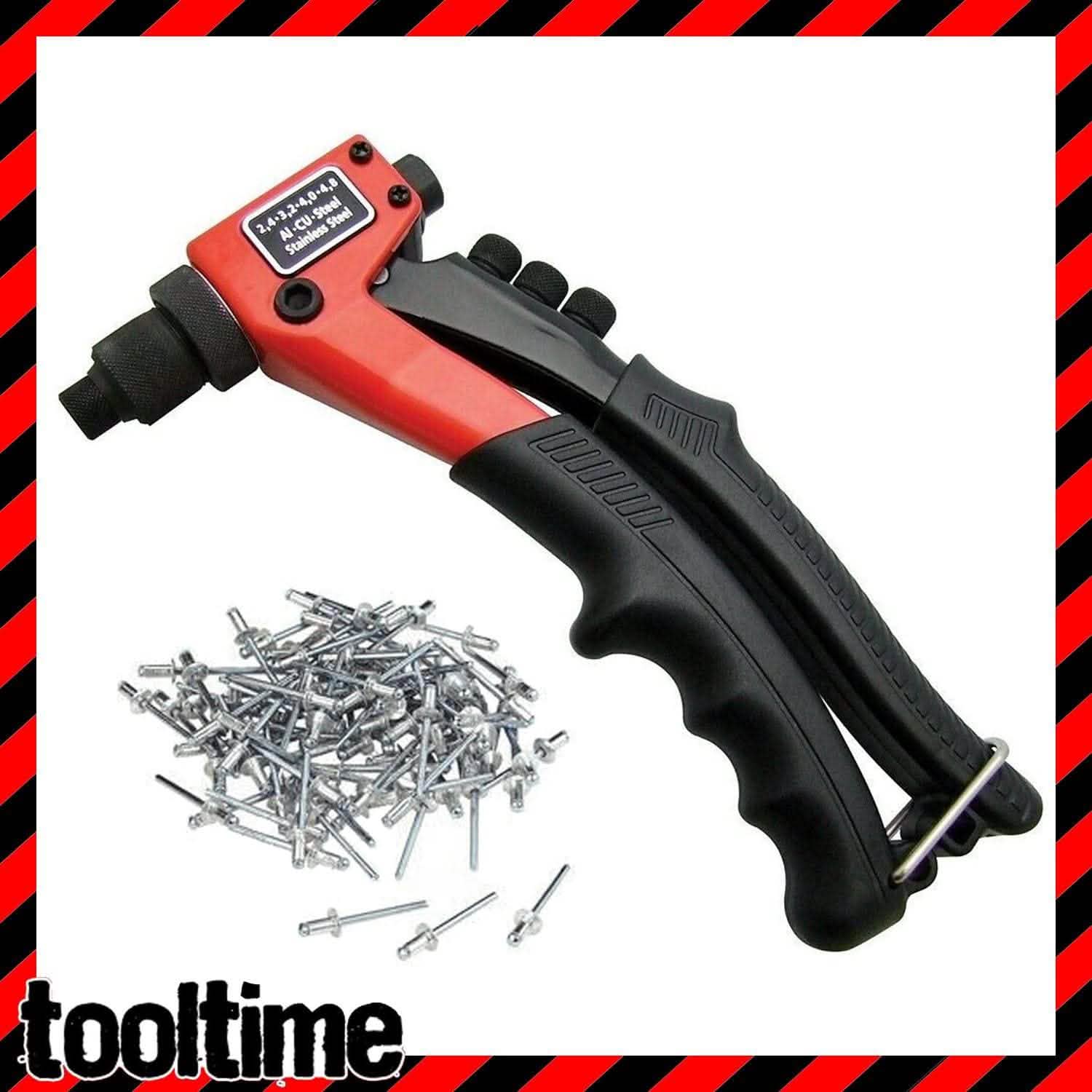 tooltime PRO TRADE HAND POP RIVETER RIVETING TOOL + 500 BLIND RIVETS + 4 NOZZLE HEADS