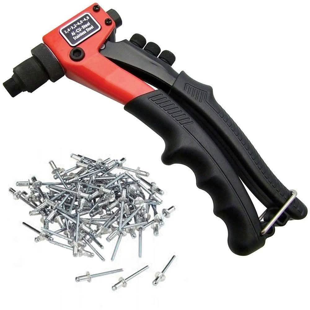 tooltime PRO TRADE HAND POP RIVETER RIVETING TOOL + 500 BLIND RIVETS + 4 NOZZLE HEADS