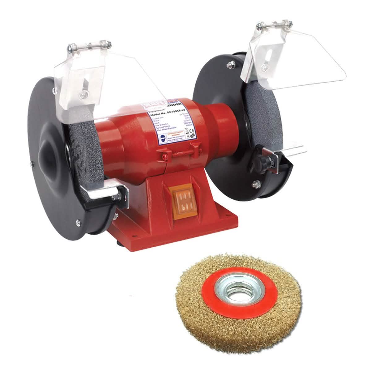 tooltime SEALEY 150MM 6" 150W BENCH GRINDER WITH TWIN GRINDING STONES + 6" WIRE WHEEL