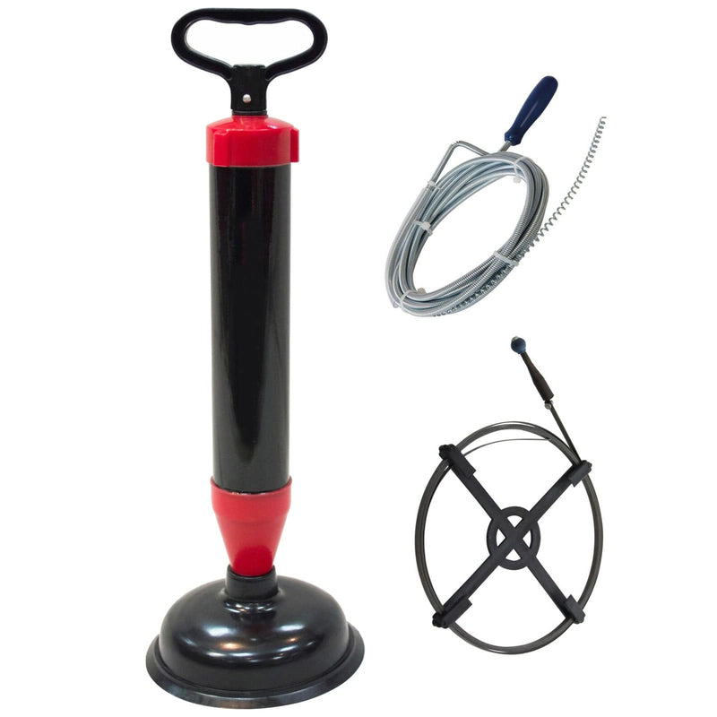 tooltime Set Of 3 Tools For Unblocking Drains Auger Pump Blaster Plunger & Pipe Unblocker