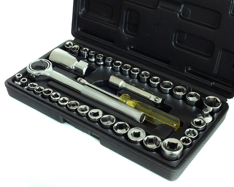 tooltime Socket Set 40pc Socket Set 1/4" & 3/8" Drive Metric Imperial Sockets Ratchet Driver in Case