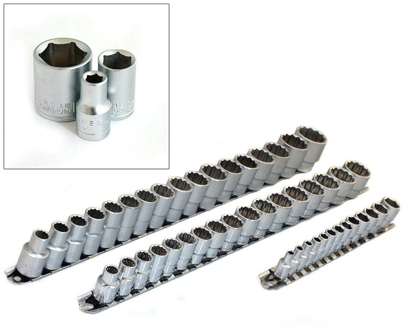 tooltime Socket Set 47Pc Crv 1/4" 3/8" 1/2" Dr Metric Sockets Set Size 4mm - 30mm + 3 Socket Rails