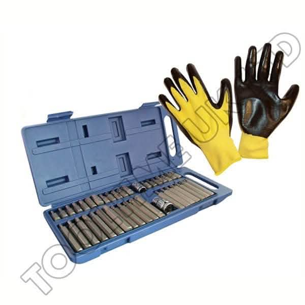 tooltime Socket Set Torx Hex Star Spline Bit + Case + Work Gloves (1/2" 3/8" Dr) 40PC