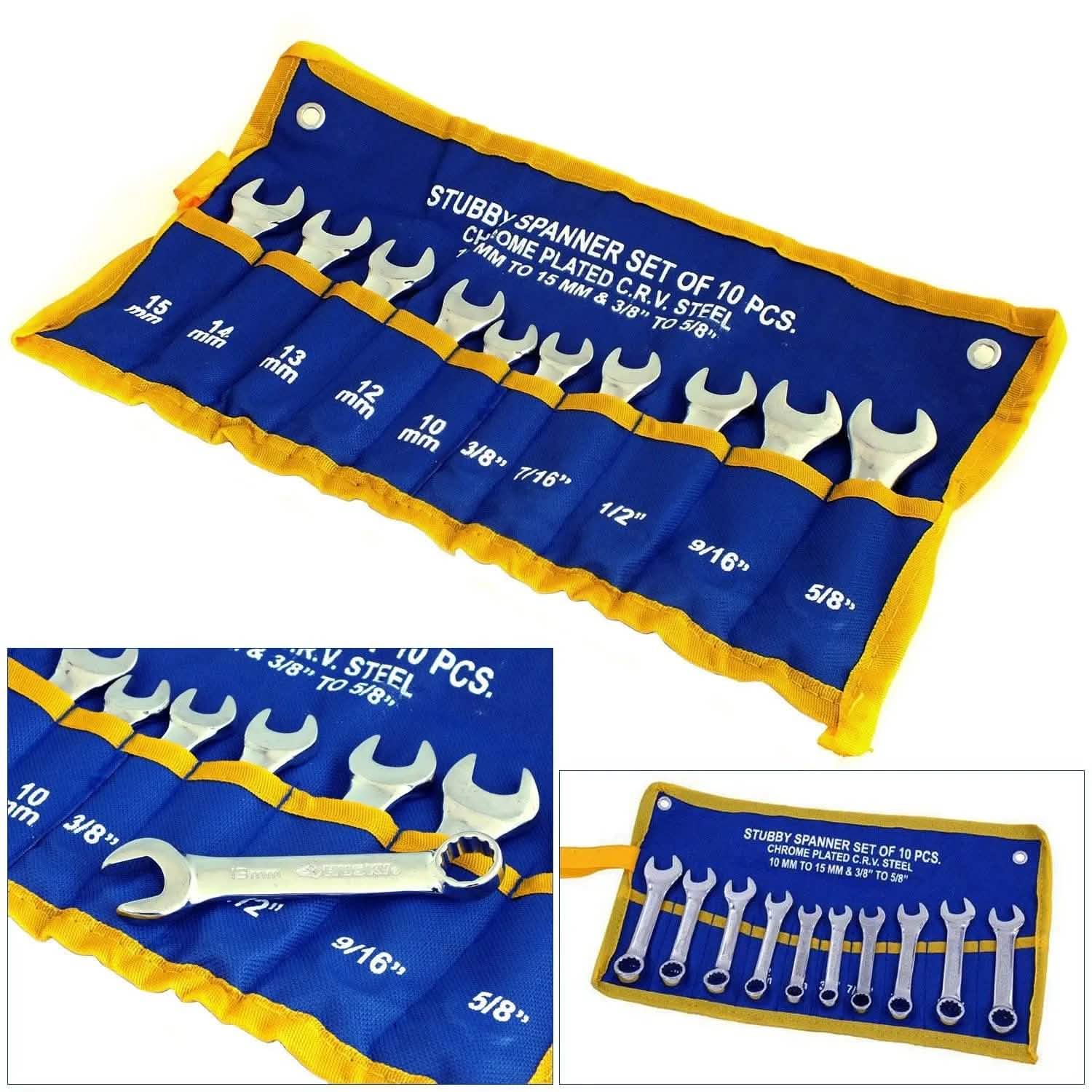 tooltime Spanners 10pc Metric & Imperial CRV Stubby Spanner Combination Wrench Set + Storage Roll
