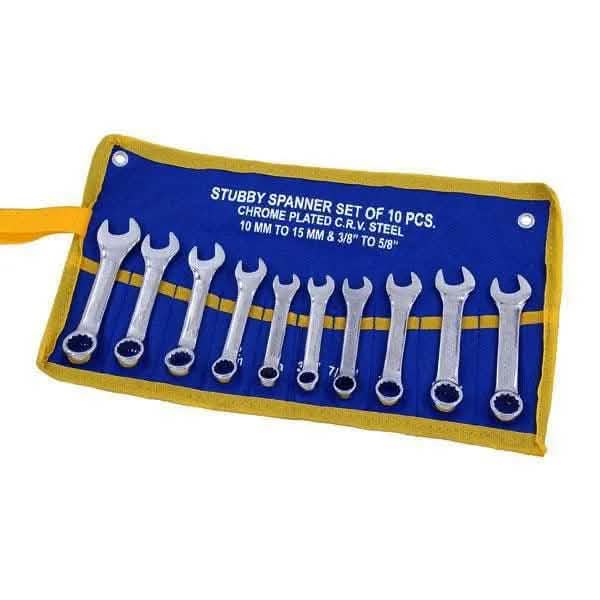 tooltime Spanners 10pc Metric & Imperial CRV Stubby Spanner Combination Wrench Set + Storage Roll