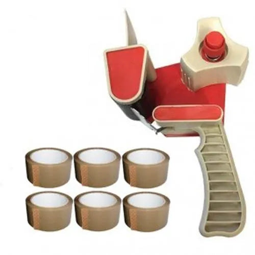 tooltime Tape Dispenser Gun 2" Tape Gun Dispenser + 6 Rolls Of Brown Packing Tape 48mm X 50M