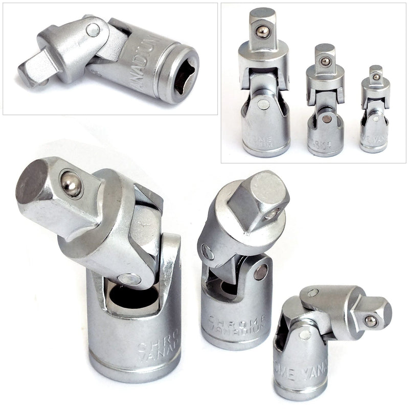 tooltime Universal Joint Socket Adapters 3 Piece Flexible Swivel Knuckles 1/4" 3/8" 1/2"