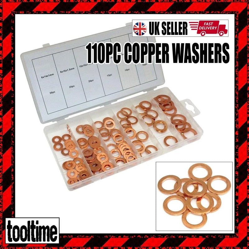 tooltime Washers 110Pc Assorted Copper Washers Set Drain Sump Plug Seal Hydraulic Fittings + Case