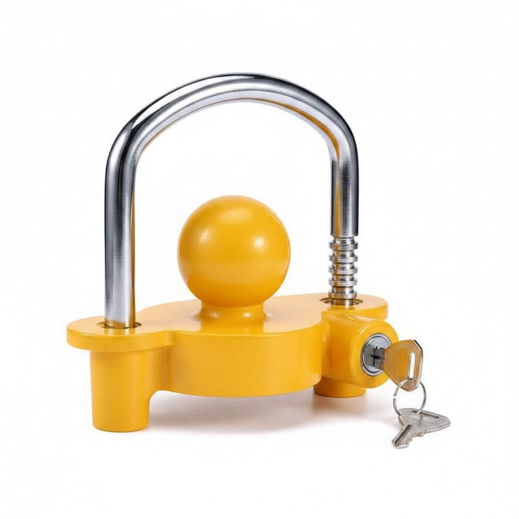 tooltime.co.uk universal yellow steel caravan trailer hitch lock with heavy duty tow ball and two keys