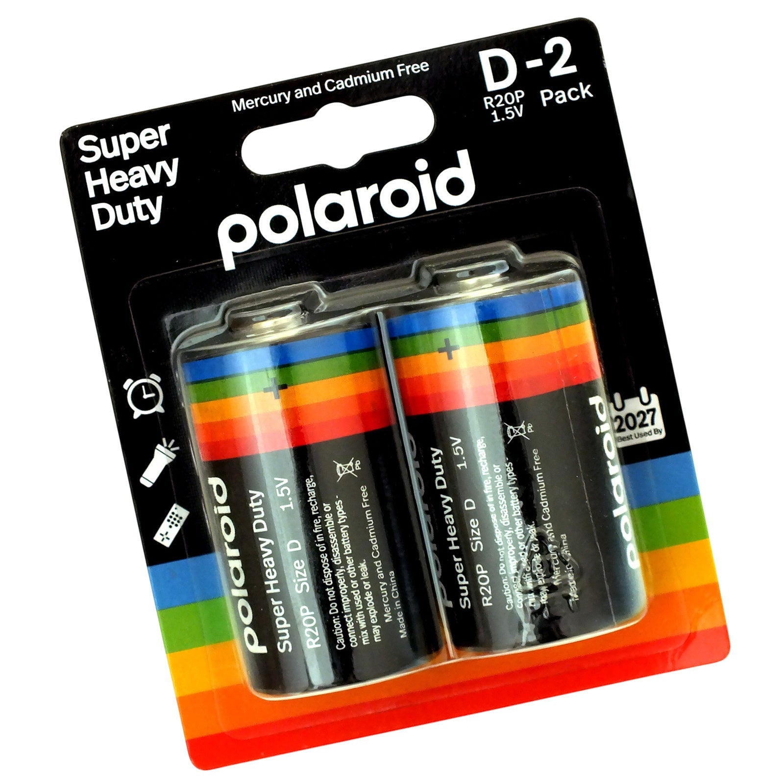 Pack of 2 Polaroid Super Heavy Duty D Size 1.5V alkaline batteries, mercury and cadmium free.