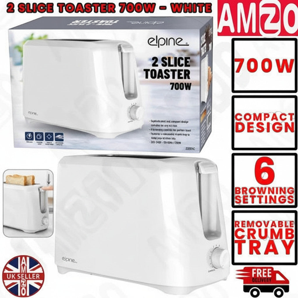 Elpine white 2-slice toaster with 700W power and 6 browning settings. Features compact design, pop-up function, and removable crumb tray.