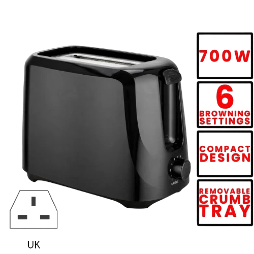 Elpine 2 slice black ABS plastic toaster with 6 browning settings and removable crumb tray.