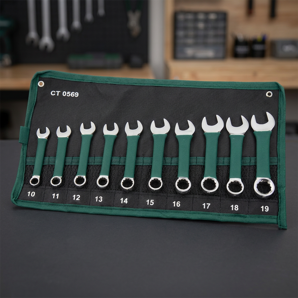 Unbranded CT0569 spanner set on a dark workshop bench