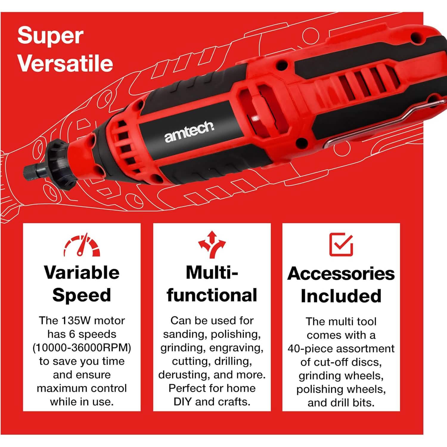 Amtech 135W Mini Rotary Tool | Multi Function Polisher Grinder Engraver + 40pc Accessories & Storage Case