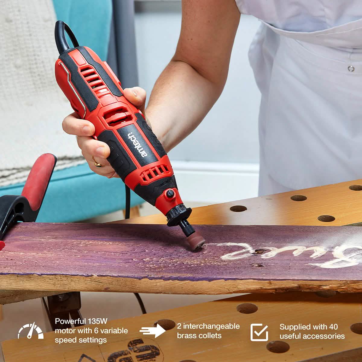 Amtech 135W Mini Rotary Tool | Multi Function Polisher Grinder Engraver + 40pc Accessories & Storage Case