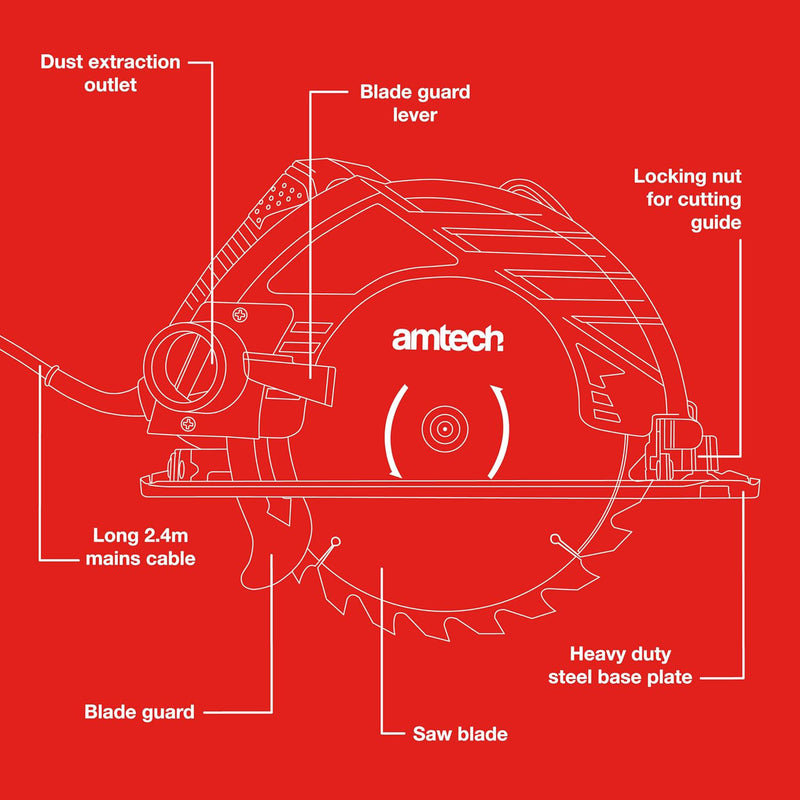 Amtech 1400W Electric Circular Saw with 185mm TCT Saw Blade
