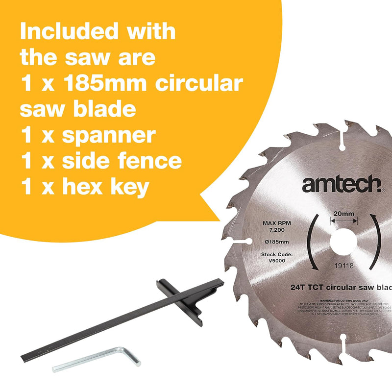 Amtech 1400W Electric Circular Saw with 185mm TCT Saw Blade