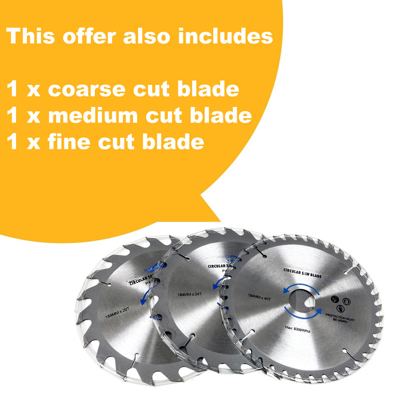Circular Saw 1400W 230V Electric Wood Cutting Power Tool + 4 x 185mm TCT Blades