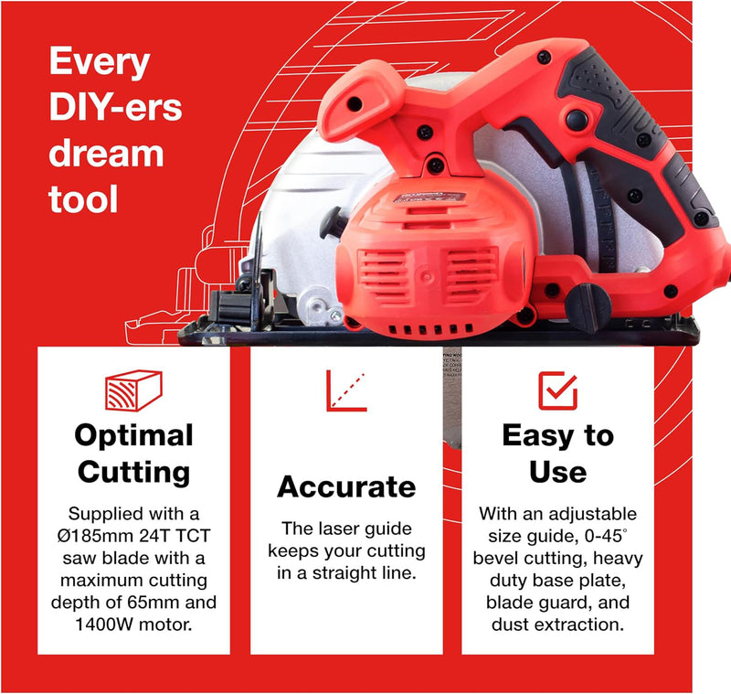 Amtech 1400W Electric Circular Saw with 185mm TCT Saw Blade