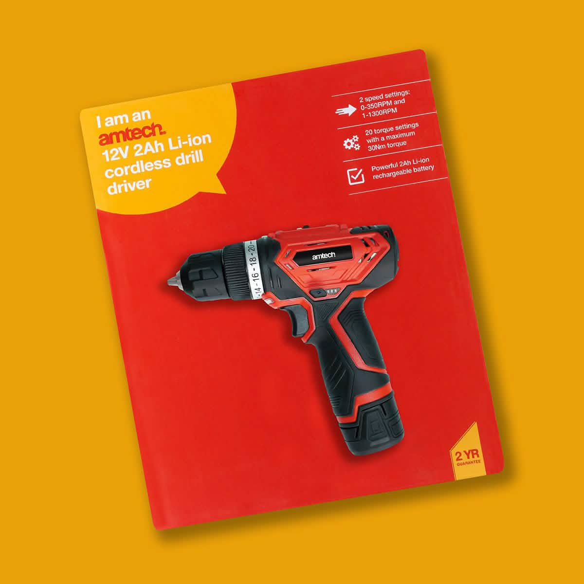 Amtech 12V Cordless Electric Drill Driver with 2Ah Li-ion Rechargeable Battery and Charger