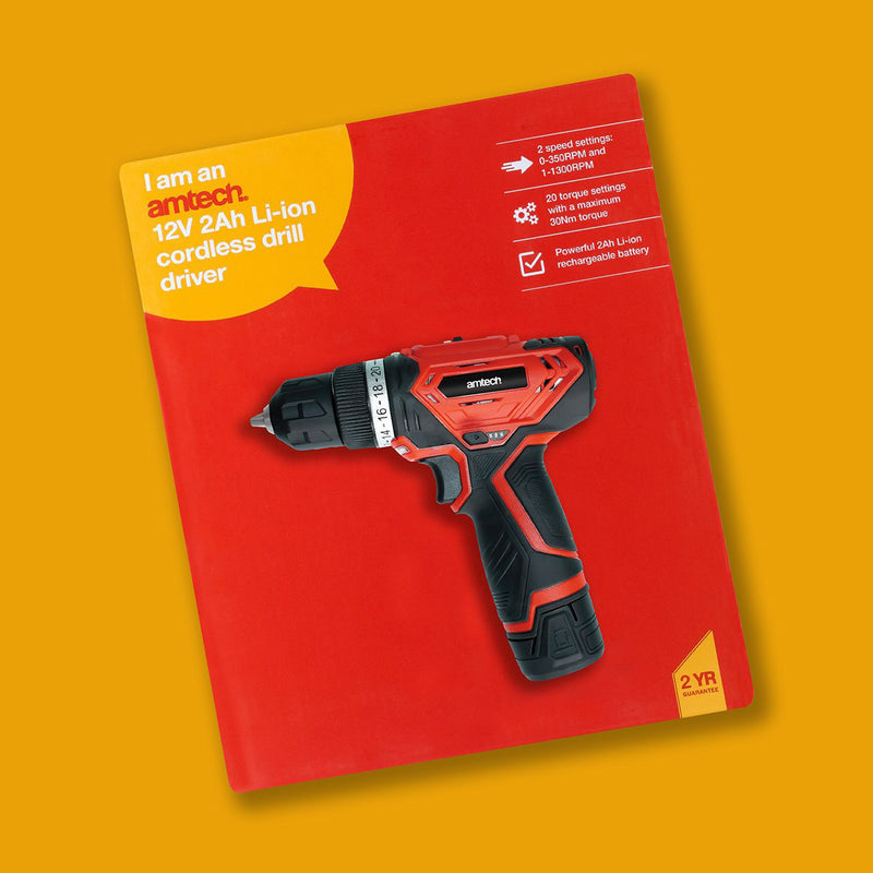 Amtech 12V Cordless Electric Drill Driver with 2Ah Li-ion Rechargeable Battery and Charger