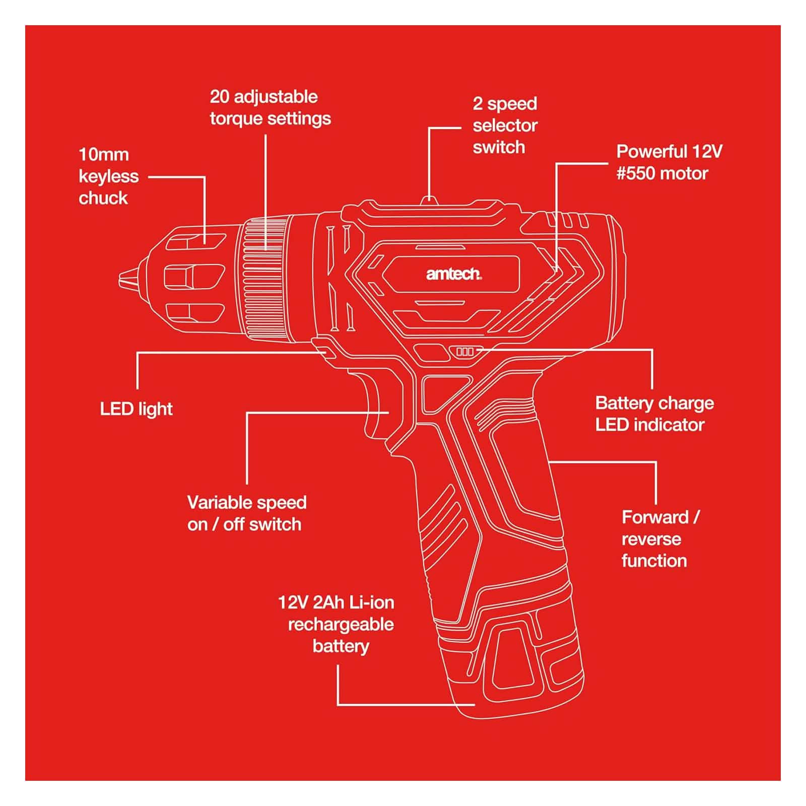 Amtech 12V Cordless Electric Drill Driver with 2Ah Li-ion Rechargeable Battery and Charger
