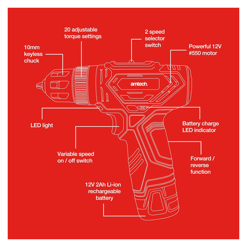 Amtech 12V Cordless Electric Drill Driver with 2Ah Li-ion Rechargeable Battery and Charger