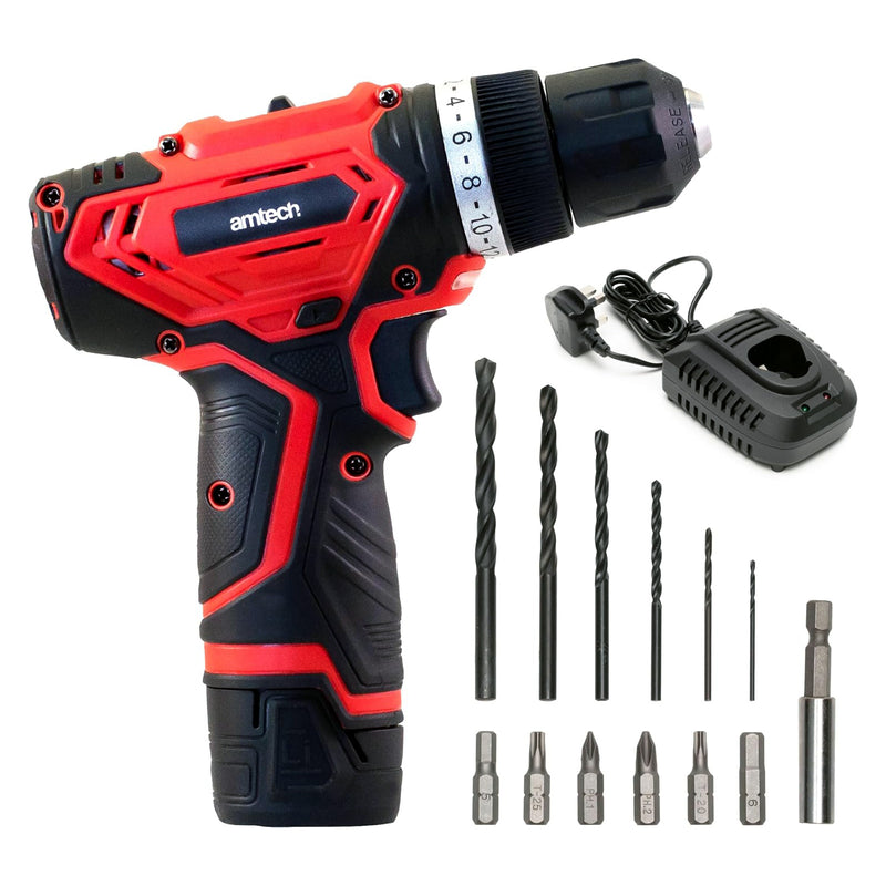 Amtech 12V Cordless Electric Drill Driver with 2Ah Li-ion Rechargeable Battery and Charger