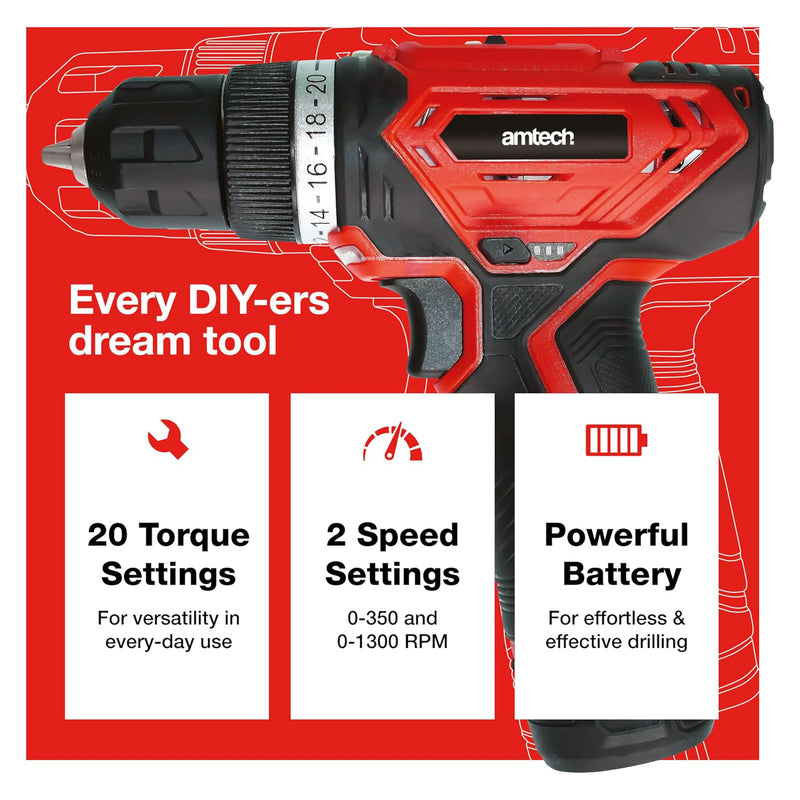 Amtech 12V Cordless Electric Drill Driver with 2Ah Li-ion Rechargeable Battery and Charger
