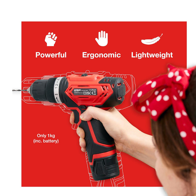 Amtech 12V Cordless Electric Drill Driver with 2Ah Li-ion Rechargeable Battery and Charger