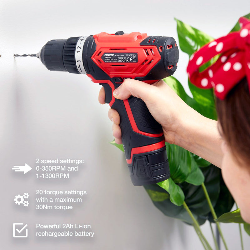 Amtech 12V Cordless Electric Drill Driver with 2Ah Li-ion Rechargeable Battery and Charger