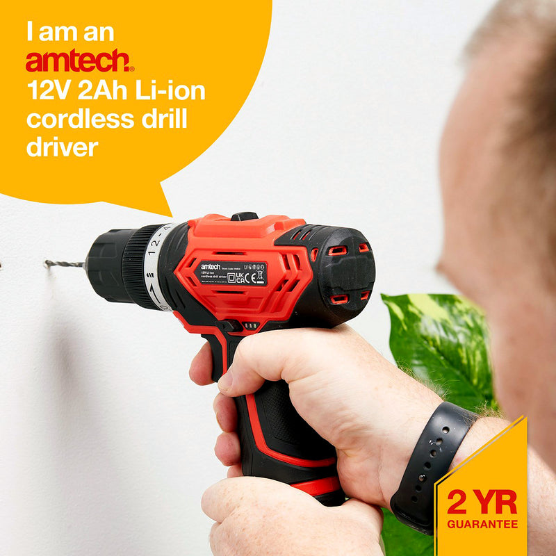 Amtech 12V Cordless Electric Drill Driver with 2Ah Li-ion Rechargeable Battery and Charger