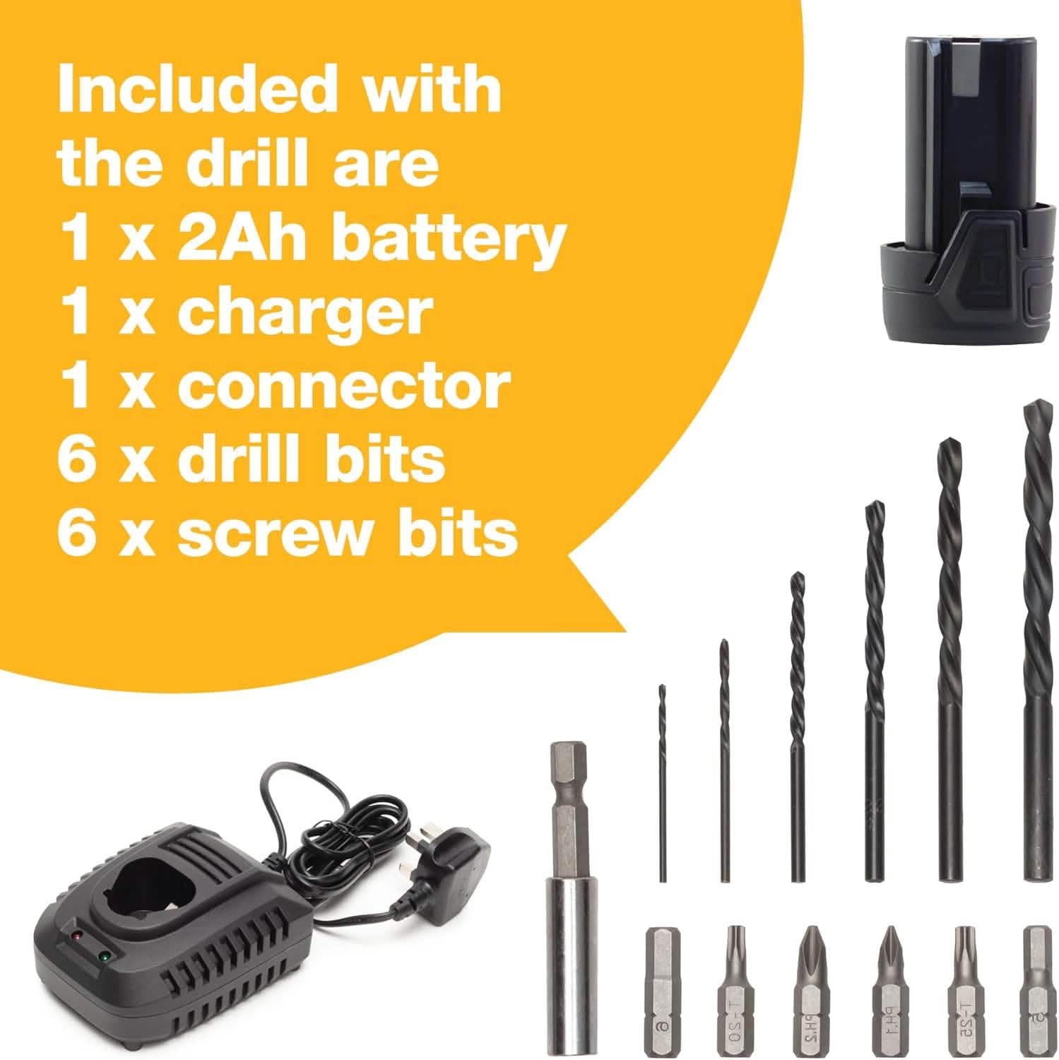 Amtech 12V Cordless Electric Drill Driver with 2Ah Li-ion Rechargeable Battery and Charger