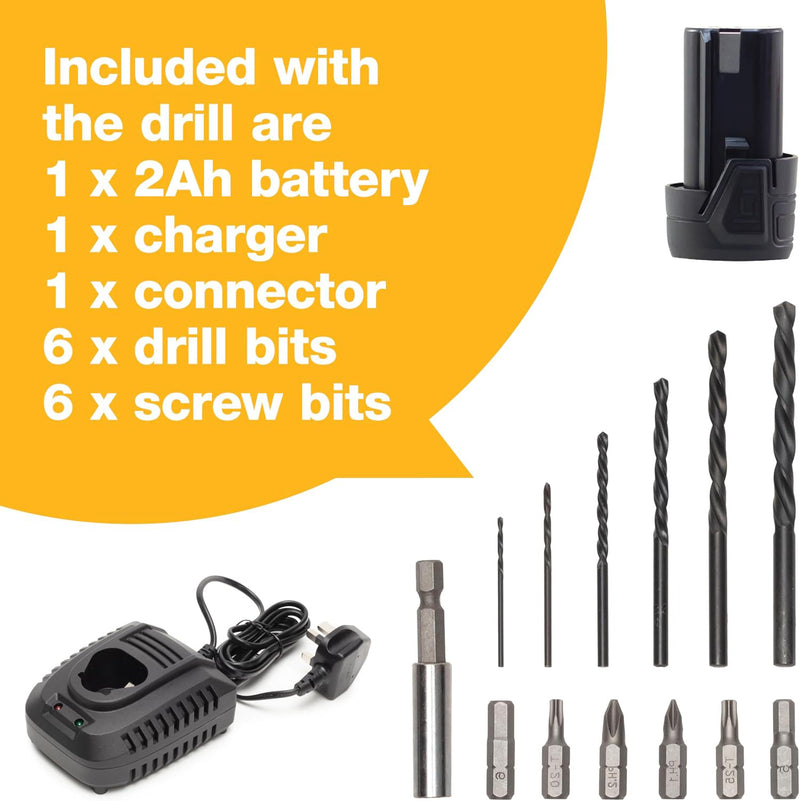 Amtech 12V Cordless Electric Drill Driver with 2Ah Li-ion Rechargeable Battery and Charger