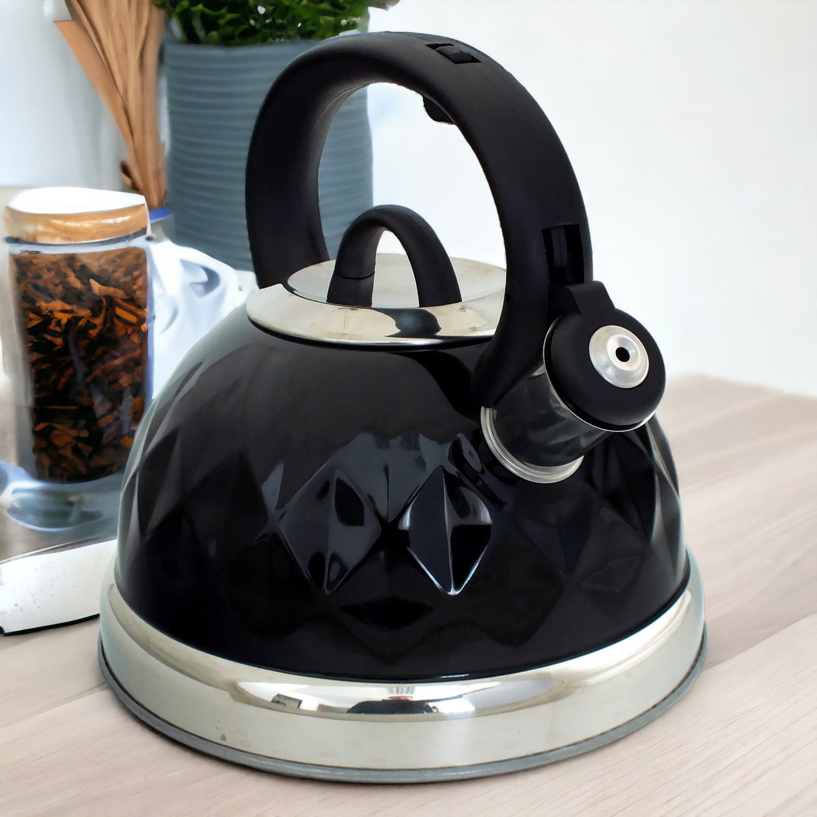 Black Stainless Steel Stovetop Whistling Kettle Diamond Design | For Gas Electric Induction Hobs