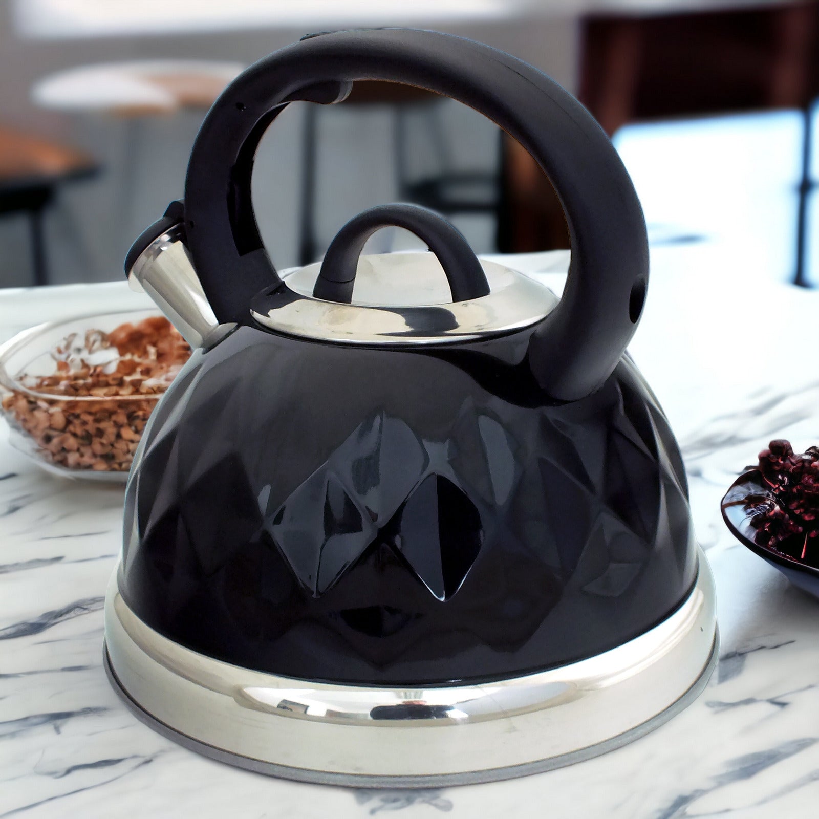 Black Stainless Steel Stovetop Whistling Kettle Diamond Design | For Gas Electric Induction Hobs