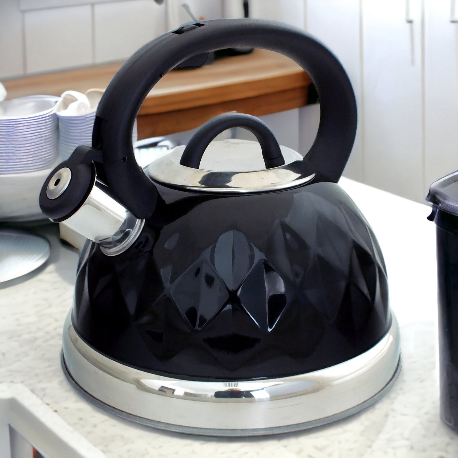 Black Stainless Steel Stovetop Whistling Kettle Diamond Design | For Gas Electric Induction Hobs