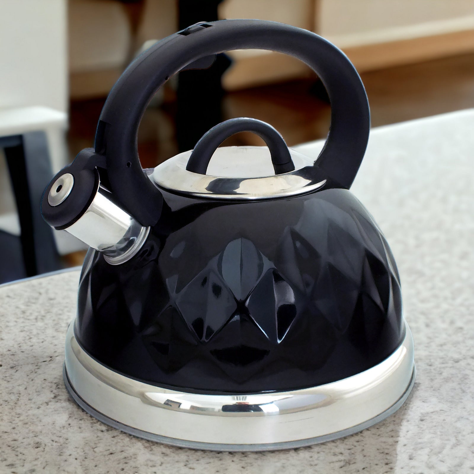 Black Stainless Steel Stovetop Whistling Kettle Diamond Design | For Gas Electric Induction Hobs