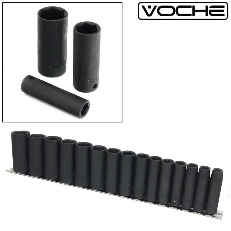 Voche Deep Impact Socket Set + Metal Rail 3/8" Chrome Vanadium Steel 8-22Mm 15Pc Voche