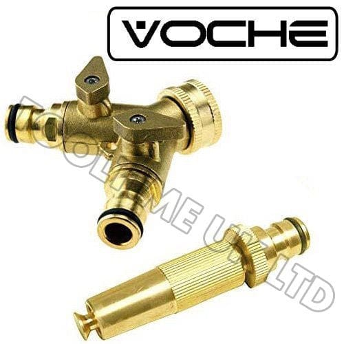 Voche Garden Hose Fittings Voche® Brass Double Adaptor Dual Twin Hose Connector Splitter + Spray Nozzle