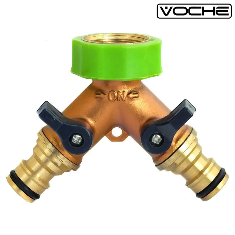 Voche Garden Tap Adaptor Voche Solid Brass 2 Way Double Outside Garden Hose Pipe Tap Splitter Adaptor