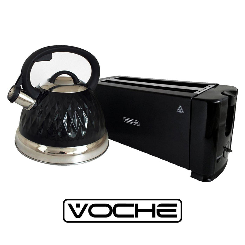 Voche kettle Voche Black 3Ltr Stainless Steel Whistling Kettle And 4 Slice 1300W Toaster Set