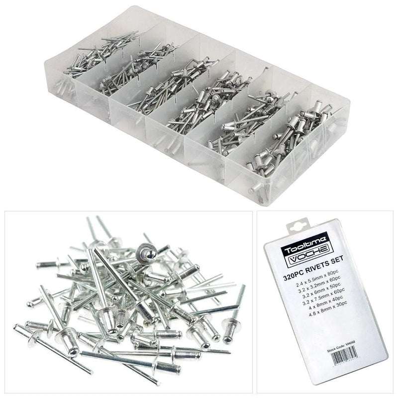 Voche Rivets Voche 320Pc Assorted Blind Pop Rivets Aluminium Heads Steel Manderels + Case Vh068