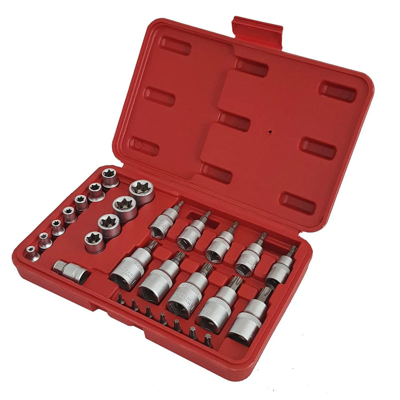 Voche Tool Sockets 30Pc Torx Star Sockets Bit Set Female E-Torx Security Bits 1/4 3/8 1/2