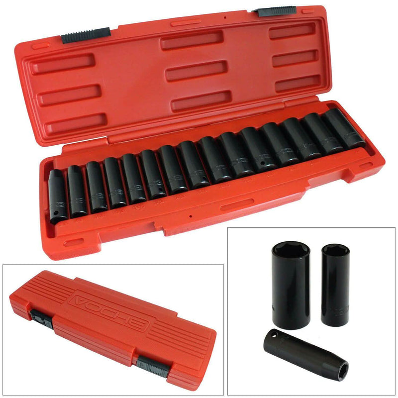 Voche Voche® 15Pc 3/8" Metric Deep Impact Socket Set 8-22Mm Crv Sockets + Storage Case