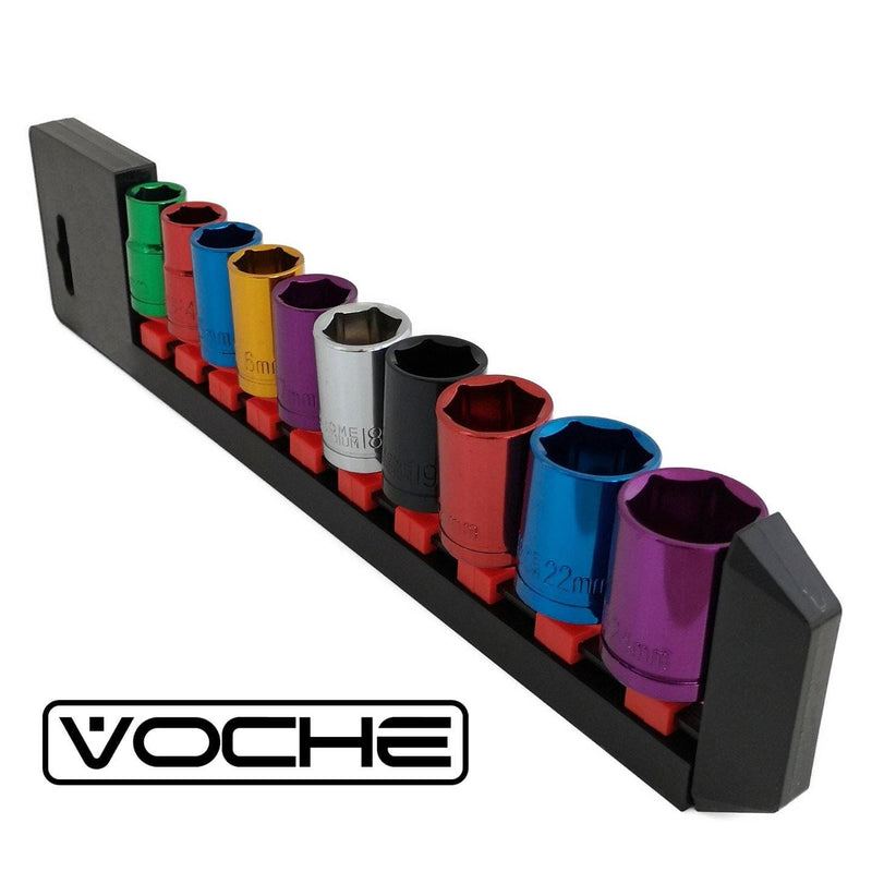 Voche Voche® Pro 10 Piece 1/2" Drive Shallow Coloured Crv Socket Set Plus Storage Rail