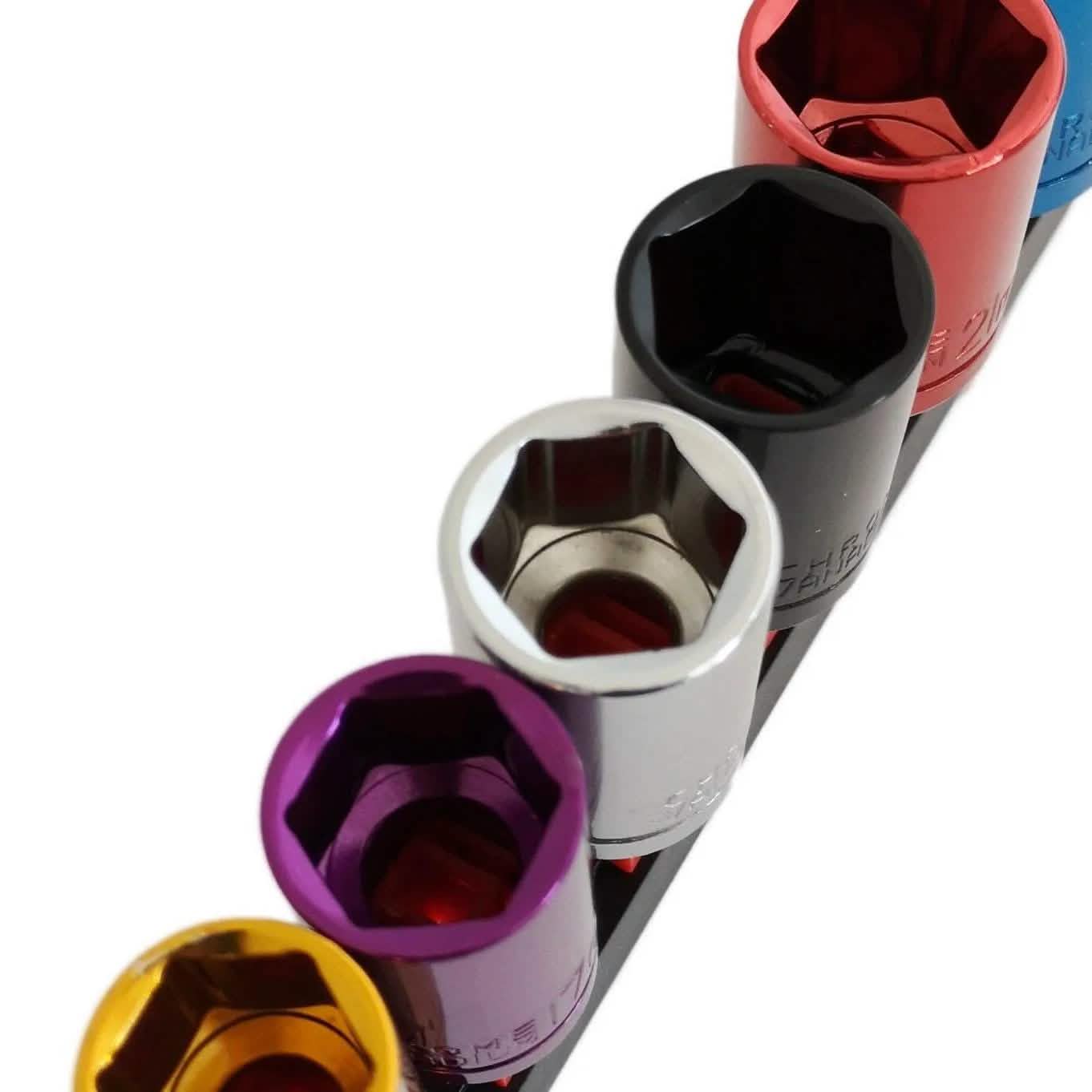 Voche Voche® Pro 10 Piece 1/2" Drive Shallow Coloured Crv Socket Set Plus Storage Rail