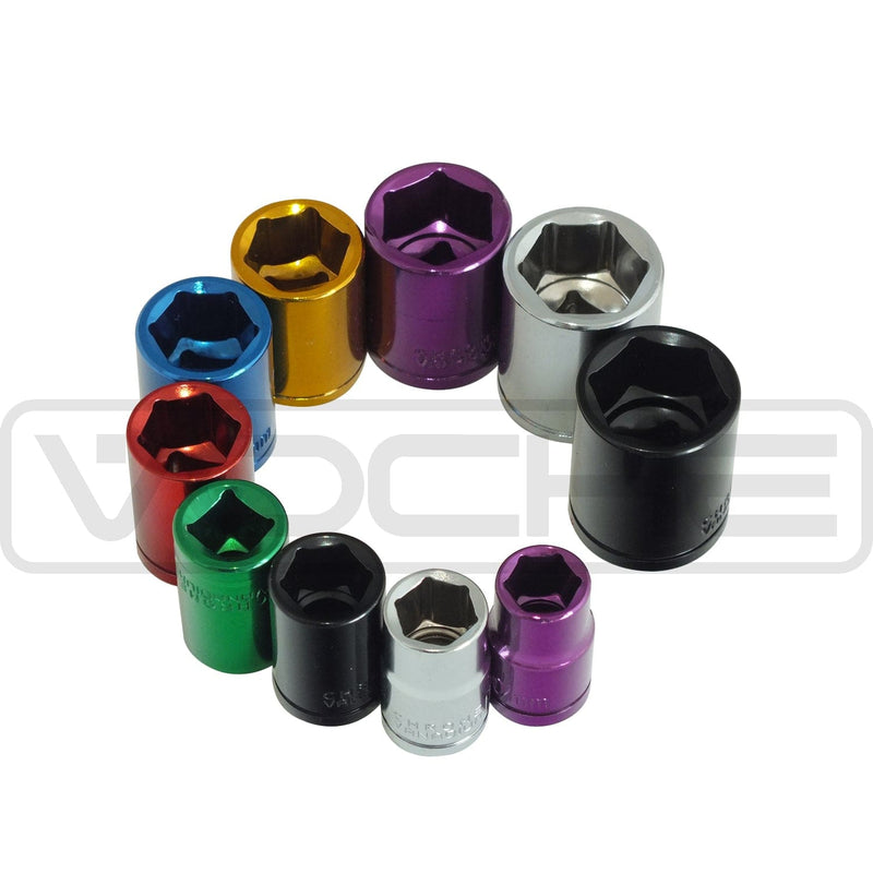 Voche Voche® Pro 10 Piece 3/8" Shallow Drive Coloured Socket Set With Storage Rail