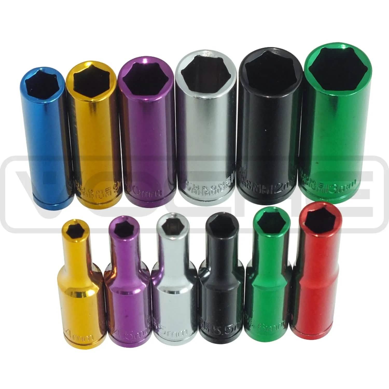 Voche Voche Pro 12 Piece 1/4" Dr Deep Colour Socket Set + Storage Rail